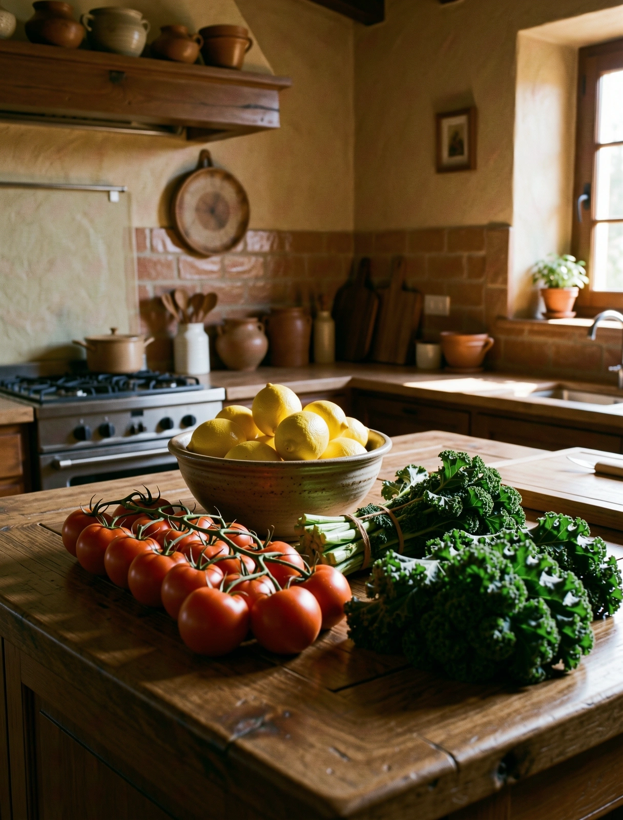 Seasonal Tuscan ingredients in a sun-lit kitchen
